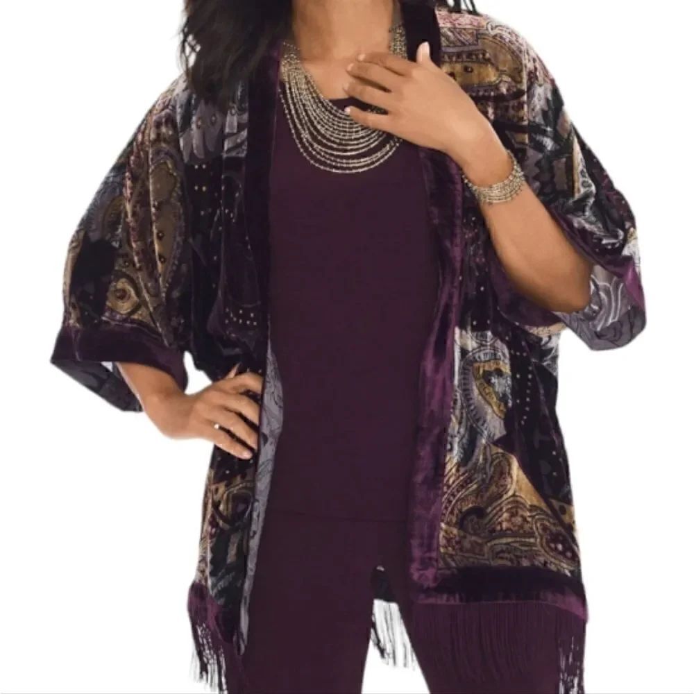 EC CHICO'S TRAVELER'S "VELVET BURNOUT" ABSTRACT KIMONO W/FRINGE SZ. L/XL